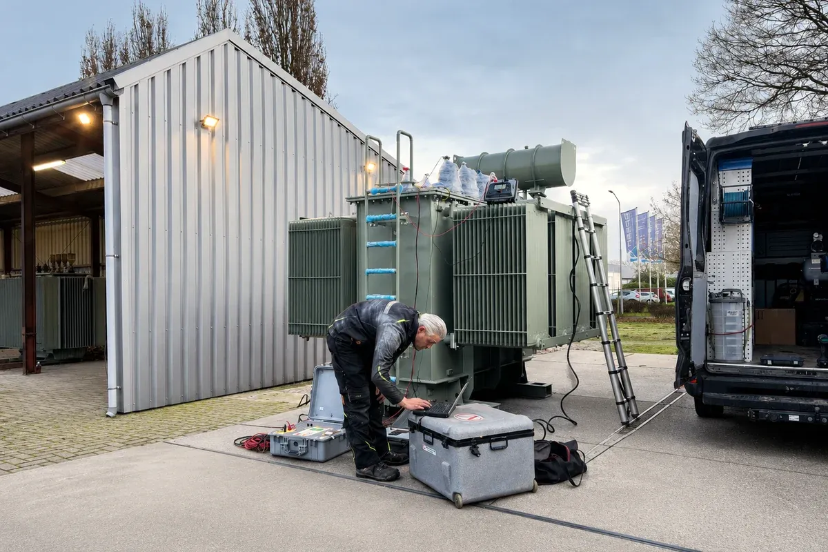 Een Protrafo-technicus voert op locatie een DC-wikkelweerstandsmeting uit op een 10 MVA-vermogenstransformator, met meetkabels aangesloten op de wikkelingen vóór de inbedrijfstelling